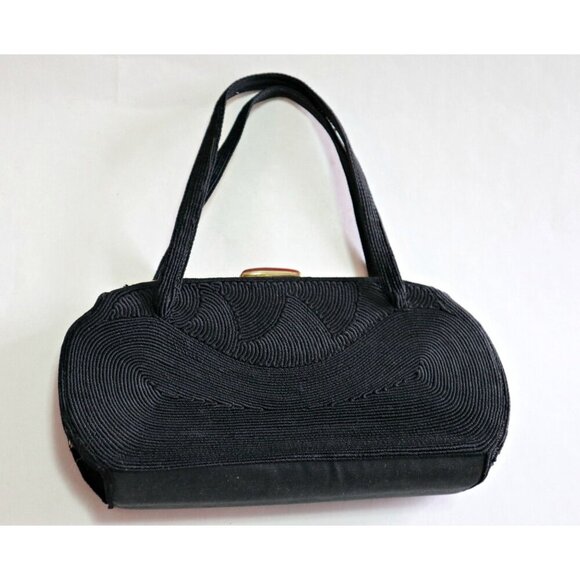 Vintage Black Cloth Purse & Leather Change Purse Spiral Cording 1940's - Picture 2 of 7